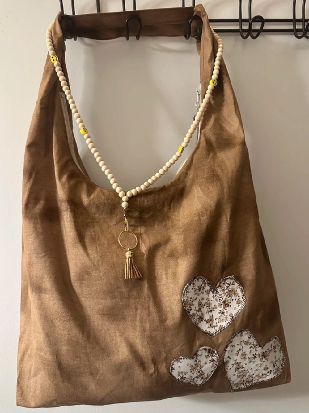 Handmade Brown Heart Appliqué Shoulder Bag with Beaded Strap
